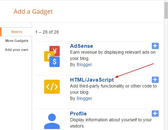add gadget blogger html javascript