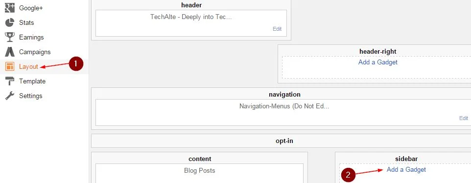 blogger layout add gadget